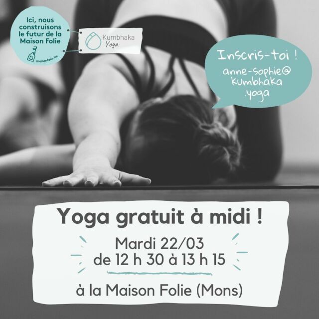 Un petit cours de yoga gratuit, ça te dit ?
👍 Rendez-vous mardi prochain, le 22 mars, à 12 h 30 à la @maisonfoliemons 
👉 Pour t’inscrire : anne-sophie@kumbhaka.yoga
À très vite sur le tapis !
#yoga #gratuit #mons #midi #pause